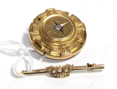 Lot 189 - A diamond set target brooch, diameter 3.5cm; and a seed pearl set coronet brooch, stamped...