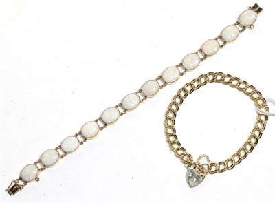 Lot 197 - A 9 carat gold double curb and lock bracelet, lock stamped '375', length 18.5cm; and an opal...