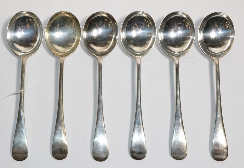 Lot 199 - A set of six silver Old English pattern soup spoons, W.S Savage & Co, Sheffield 1927, 12.8ozt