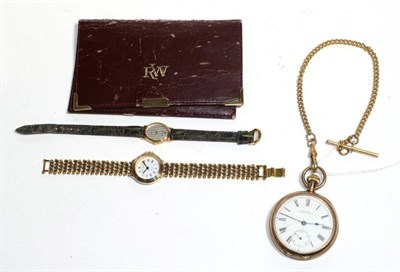 Lot 203 - A Raymond Weil ladies wristwatch with leather wallet and paperwork; a Waltham gilt metal pocket...