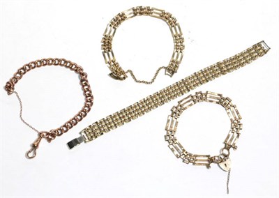 Lot 205 - A gate link bracelet stamped '9' '.375', to a 9 carat gold padlock clasp, length 18cm; a curb...
