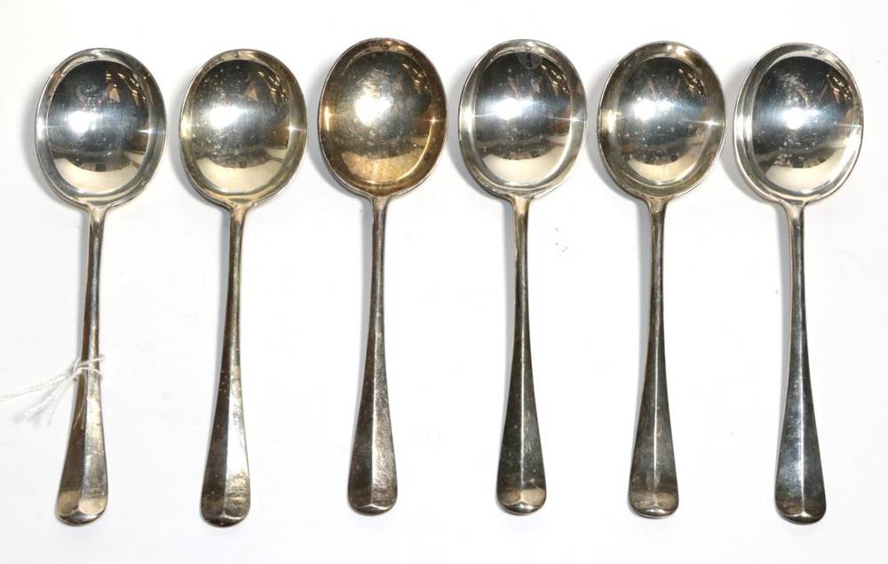 Lot 207 - A set of six silver Hanoverian pattern soup spoons, Z Barraclough & Sons, London 1936, 14.3ozt