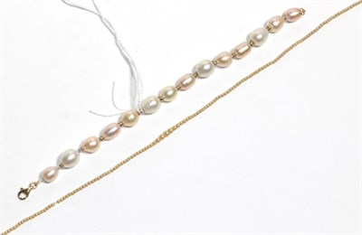 Lot 211 - A fresh water cultured pearl bracelet, the clasp stamped '14K', length 18cm; and a seed pearl...