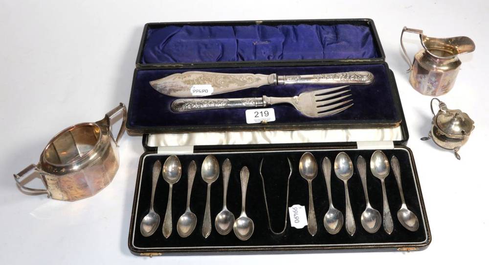 Lot 219 - Cased silver teaspoons; fish slice and fork; silver cream and sugar