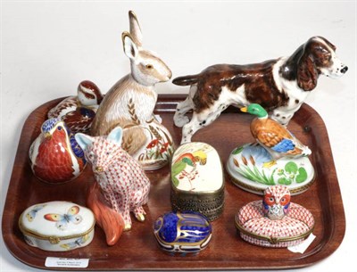 Lot 229 - Four Royal Crown Derby paperweights, a Royal Doulton model of a dog, Herend porcelain model of...
