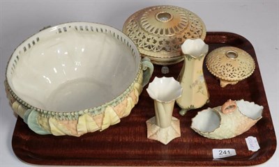 Lot 241 - Royal Worcester blush ivory comprising a leaf moulded bowl; two pot pourris; candlestick; two vases