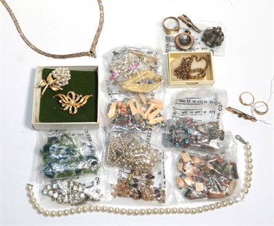 Lot 290 - An 18 carat gold ring, stone missing; a 9 carat gold signet ring; a seed pearl bar brooch; and...
