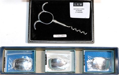 Lot 294 - A modern cast silver corkscrew after a 19th century example, Sheffield 2014; and three silver...