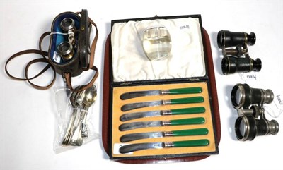 Lot 316 - A silver topped match ball; various plated wares; and three pairs of opera glasses (qty)