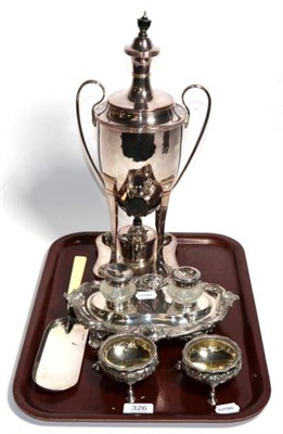 Lot 326 - A selection of silver plated items: spirit tea urn; inkwell stand; pair of salts; and a silver...