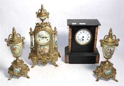 Lot 332 - A French reproduction gilt metal mounted porcelain clock garniture, together with a slate and...