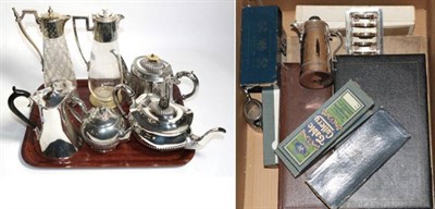 Lot 335 - A group of electroplated items to include two claret jugs; tea wares and flatware etc (tray and...