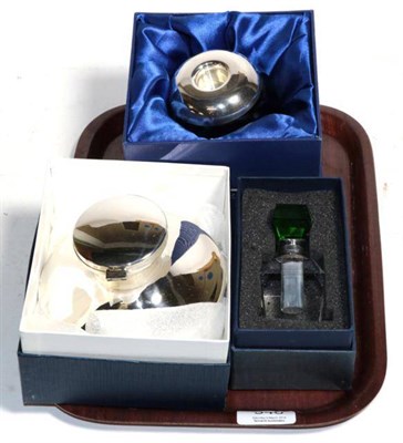 Lot 340 - A silver capstan inkwell, Birmingham 2003; a silver mounted Isle of Wight glass candlestick,...