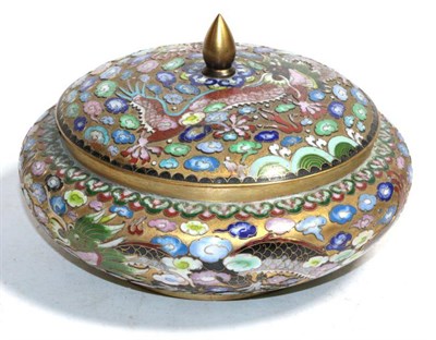 Lot 341 - A Chinese champleve enamelled lidded dish, dragon chasing flaming pearl design