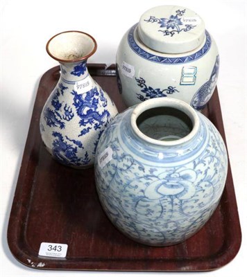 Lot 343 - A Chinese 18/19th century lidded blue and white ginger jar; with another blue and white vase,...