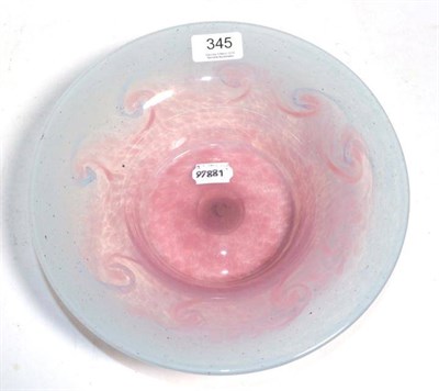 Lot 345 - A Monart glass dish, labelled to base marked UBV1+, pink swirl effect