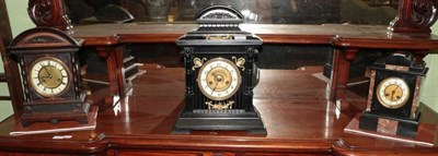 Lot 365 - Two Victorian wooden cased striking mantel clocks and a black slate and marble striking mantel...