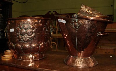 Lot 367 - A 19th century copper log bin with brass ring and lion mask handles together with a copper coal...