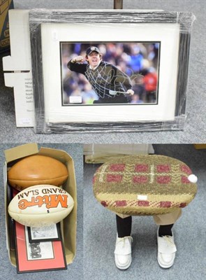 Lot 1019 - A novelty upholstered stool with golf player legs, a book 'Golf Courses' by David Cannon, two...