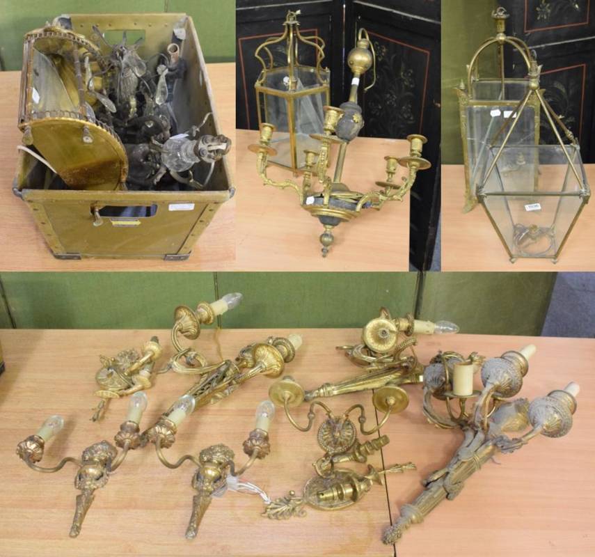 Lot 1036 - A group of light fittings including a bronze five light chandelier, three lanterns, two four...