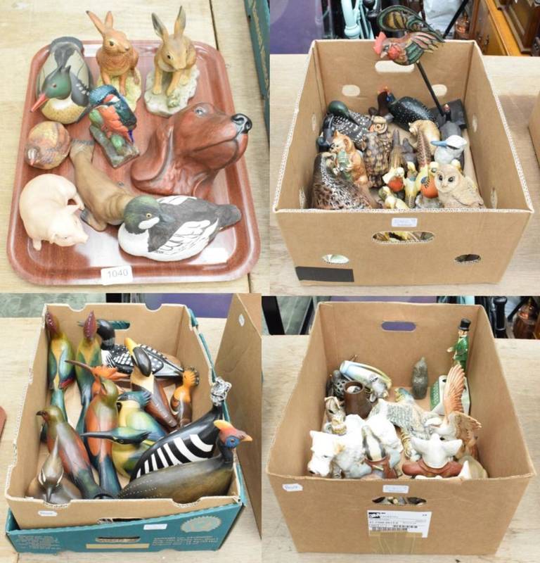 Lot 1040 - Three boxes and a tray of porcelain, pottery, wooden and composition animal models including...