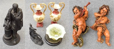 Lot 1057 - A pair of reproduction painted composition cherubs, a pair of continental pottery twin handled...