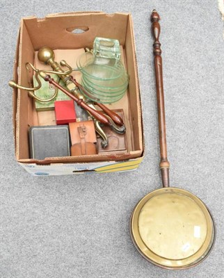 Lot 1066 - A box of miscellaneous including, a bed warmer, etc