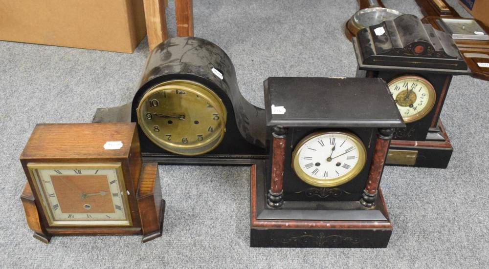 Lot 1073 - Two Victorian black slate mantle clocks and two other mantle clocks