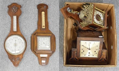Lot 1074 - A striking mantle clock; a Dutch style wall clock and two aneroid barometers