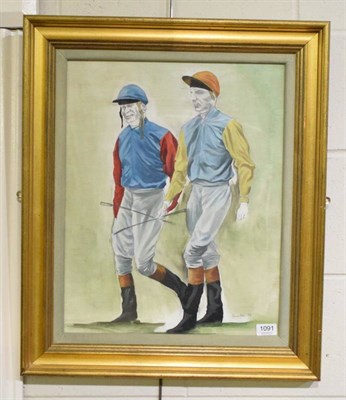 Lot 1091 - An oil on board depicting two jockeys