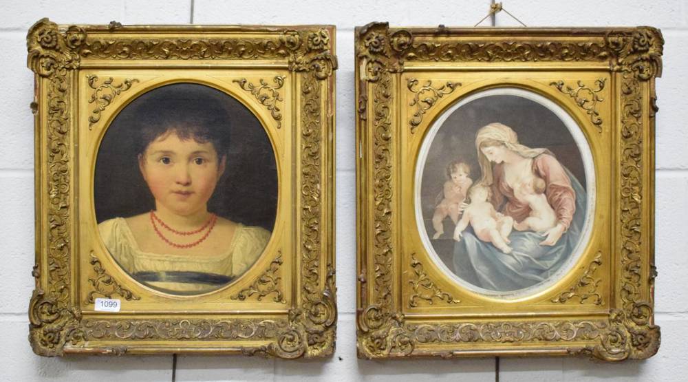 Lot 1099 - A pair of gilt gesso frames, one enclosing an early 19th century portrait of a girl