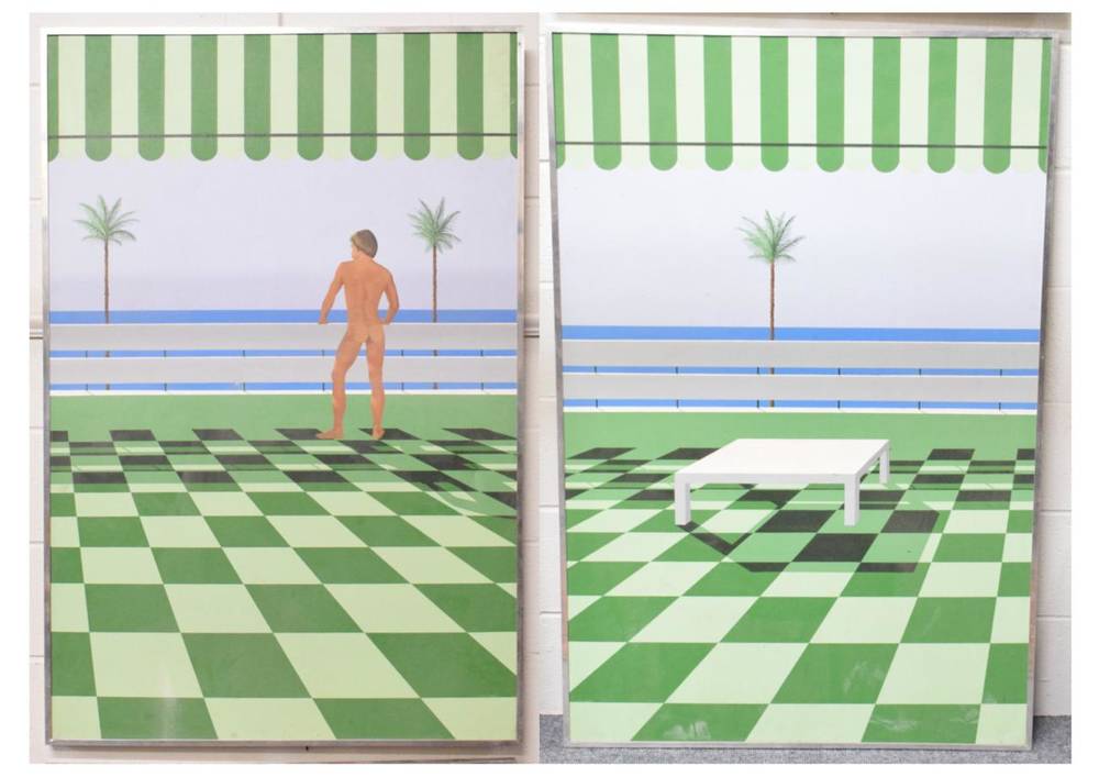 Lot 1100 - Ralph Hedley, Nude man, Miami Beach diptych, oil on canvas 135cm by 90cm (2)