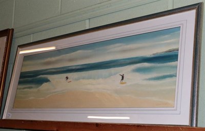 Lot 1115 - Colin Duffield (Contemporary) Two figures surfing, signed, oil on board, 32.5cm by 99cm