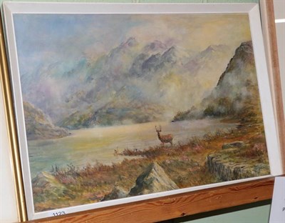 Lot 1123 - F Lloyd, Stag in a highland landscape, oil on masonite, signed, 39cm by 56cm