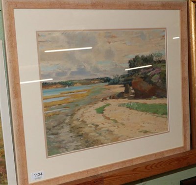 Lot 1124 - Reginald Green (20th century), Warm summer landscape with a distant sailing boat, oil on board,...