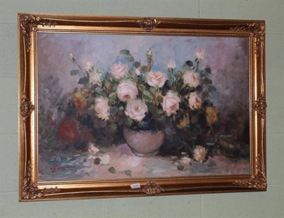 Lot 1136 - T H Jansen (20th century) Still life of roses, signed, oil on canvas, 59cm by 89cm