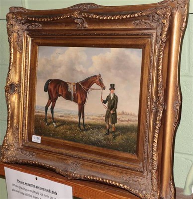 Lot 1146 - A modern reproduction after Harry Hall, Horse and groom, oil on panel, 29cm by 40cm