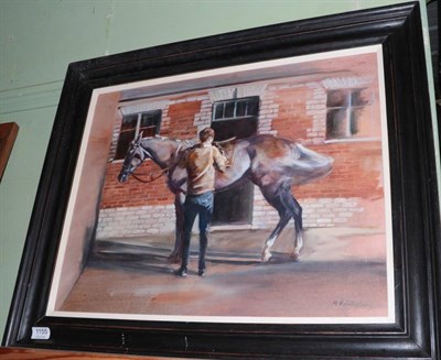 Lot 1155 - Michelle McCullagh, Untacking Sir Mark Prescott's Yard, signed, oil on panel, 45cm by 56cm