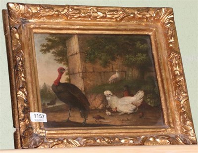 Lot 1157 - Manner of Francis Barlow, A turkey and other poultry in a landscape, oil on board, 23.5cm by 30.5cm