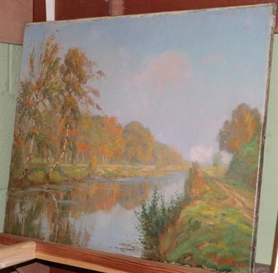 Lot 1162 - Johan Meijer (1885-1970) River landscape, signed, oil on canvas, 51cm by 60cm (unframed)