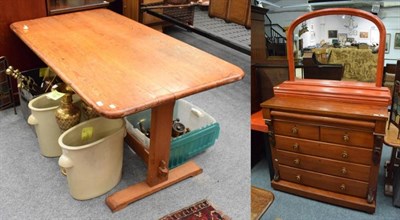 Lot 1187 - A pine trestle base table, together with a mahogany Scotch chest (a.f.) and a painted mirror