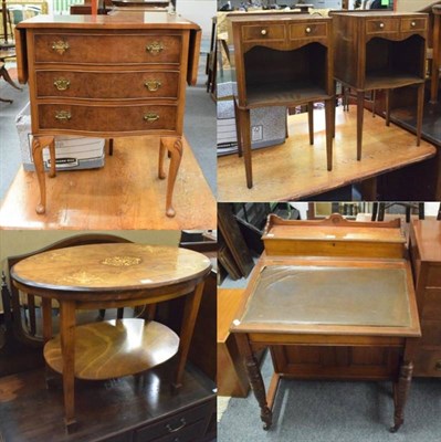 Lot 1192 - A pair of mahogany veneered inlaid serpentine fronted bedside tables; a reproduction drop leaf...