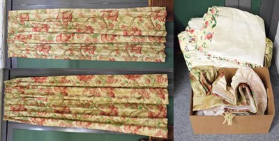 Lot 1218 - A pair of cream curtains decorated with floral boughs, with matching pelmets and another pair...