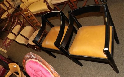 Lot 1333 - A pair of late George III mahogany armchairs; a ladder back and rush seated chair and a pair of...