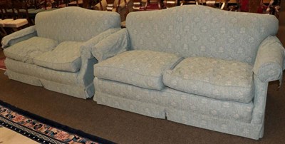 Lot 1339 - A pair of two seater sofas (modern), covered in duck egg blue and floral fabric