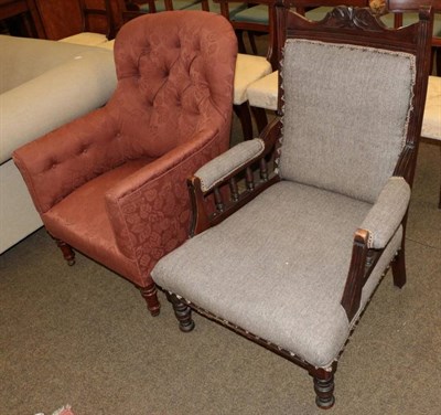 Lot 1340 - A Victorian tub shaped armchair, recovered in button fabric; and a late Victorian walnut framed...