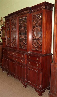 Lot 1390 - A large reproduction mahogany break front secretaire library bookcase