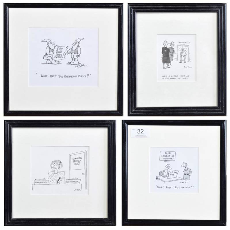 Lot 32 - Cartoons Four newspaper cartoons, original pen and ink, framed and glazed
