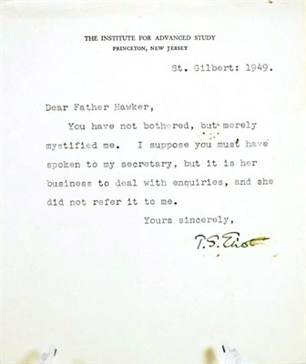 Lot 62 - Eliot, Thomas Stearns Typed letter signed ('T.S. Eliot') to Father Hawker in relation to a...