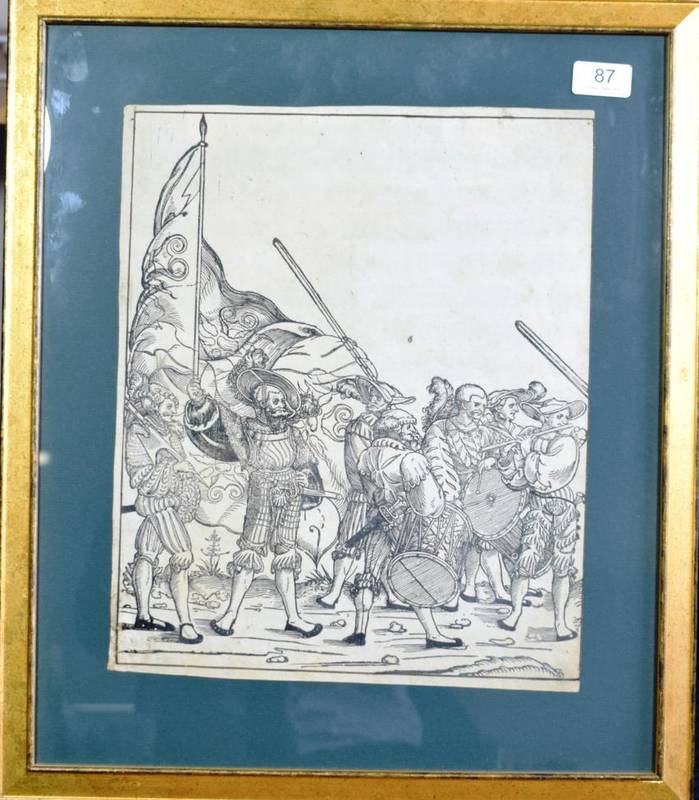 Lot 87 - Schoen, Erhard Sheet from a mural series showing Landsknecht troops, c.1530, framed and glazed.